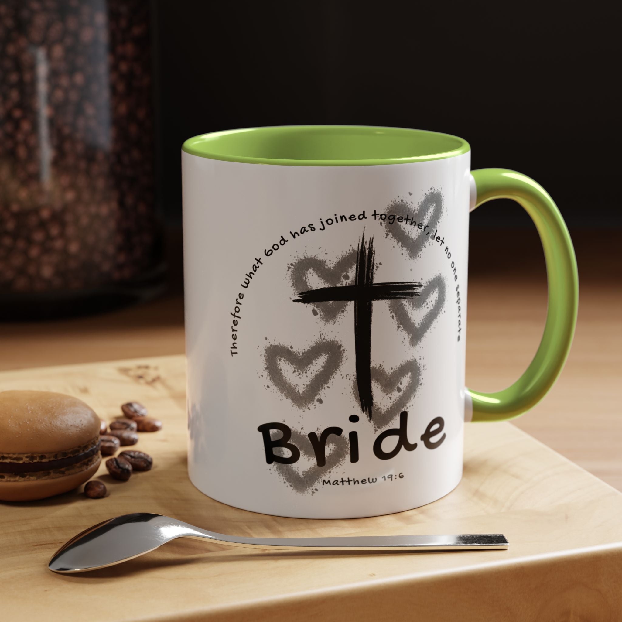 Bride Coffee Mug — Christian Cross & Hearts Accent Mug (Matthew 19:6)