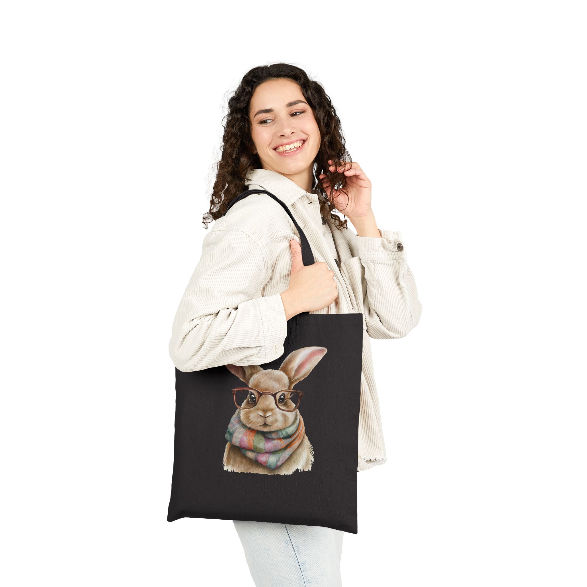 Canvas Tote Bag — Cute Bunny with Glasses & Plaid Scarf | Eco-Friendly Grocery, Book & Gift Tote