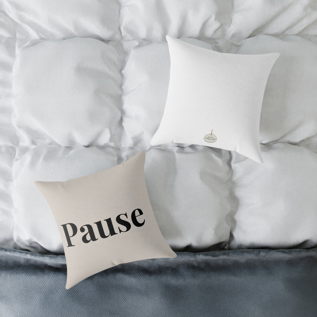 Pause Square Pillow – Minimalist Faith Inspired Neutral Canvas Throw Pillow with 'Pause' Typography