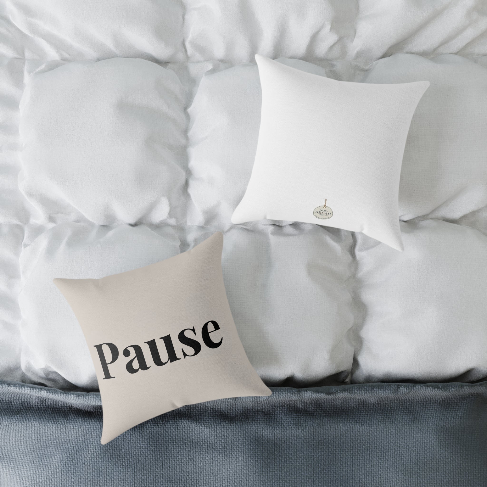 Pause Square Pillow – Minimalist Faith Inspired Neutral Canvas Throw Pillow with 'Pause' Typography