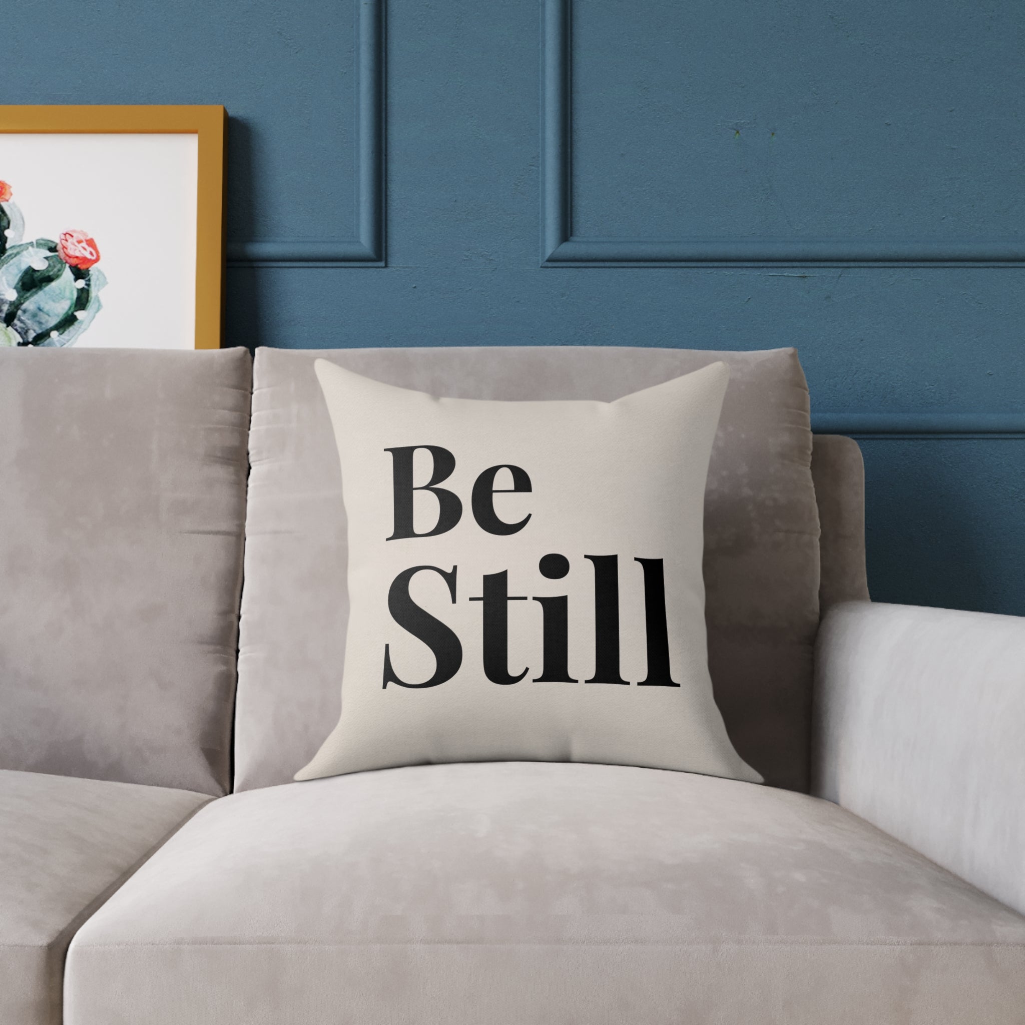 Be Still Square Throw Pillow — Minimalist Faith Inspired Canvas Decorative Pillow