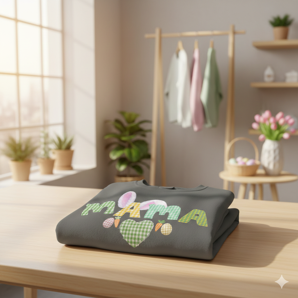 Mama Easter Bunny Sweatshirt — Cute Plaid ‘MAMA’ with Bunny Ears & Eggs