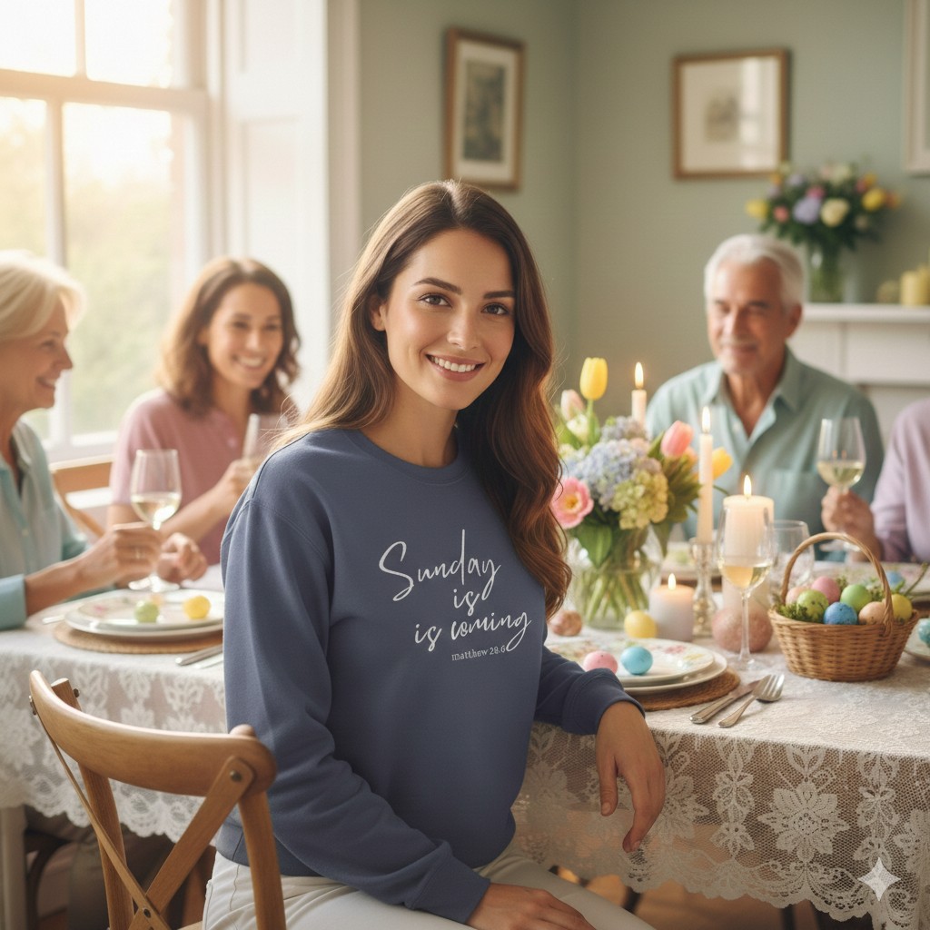Sunday Is Coming Easter Sweatshirt — Inspirational Script Crewneck  - Scripture Matthew 28:6