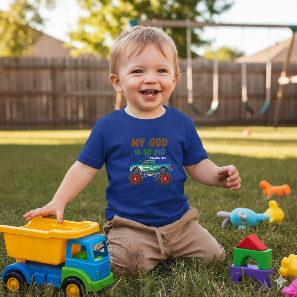 Infant Tee — "My God Is So Big" Monster Truck Baby Shirt