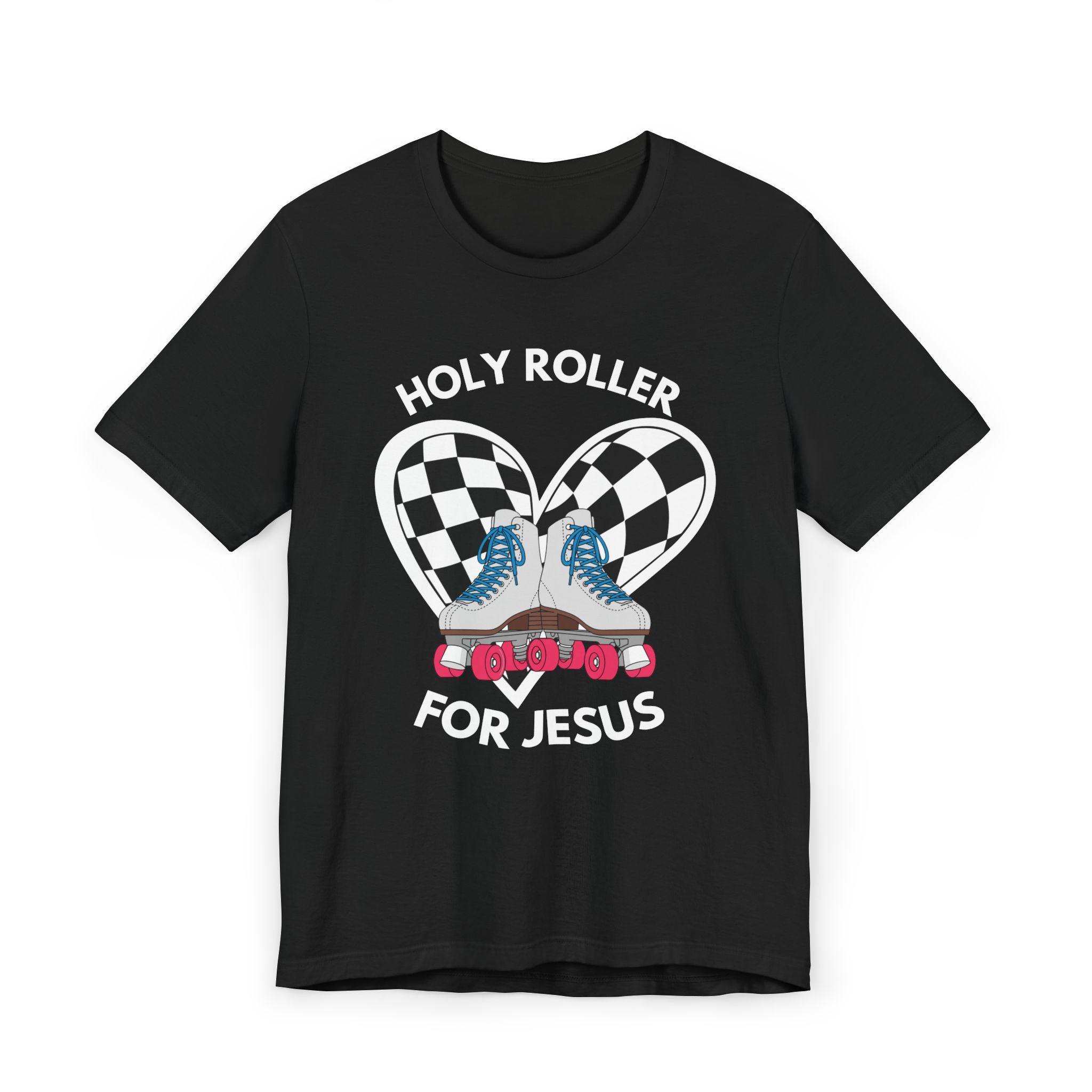 Holy Roller For Jesus T-Shirt — Retro Roller Skates & Checker Heart Christian Tee