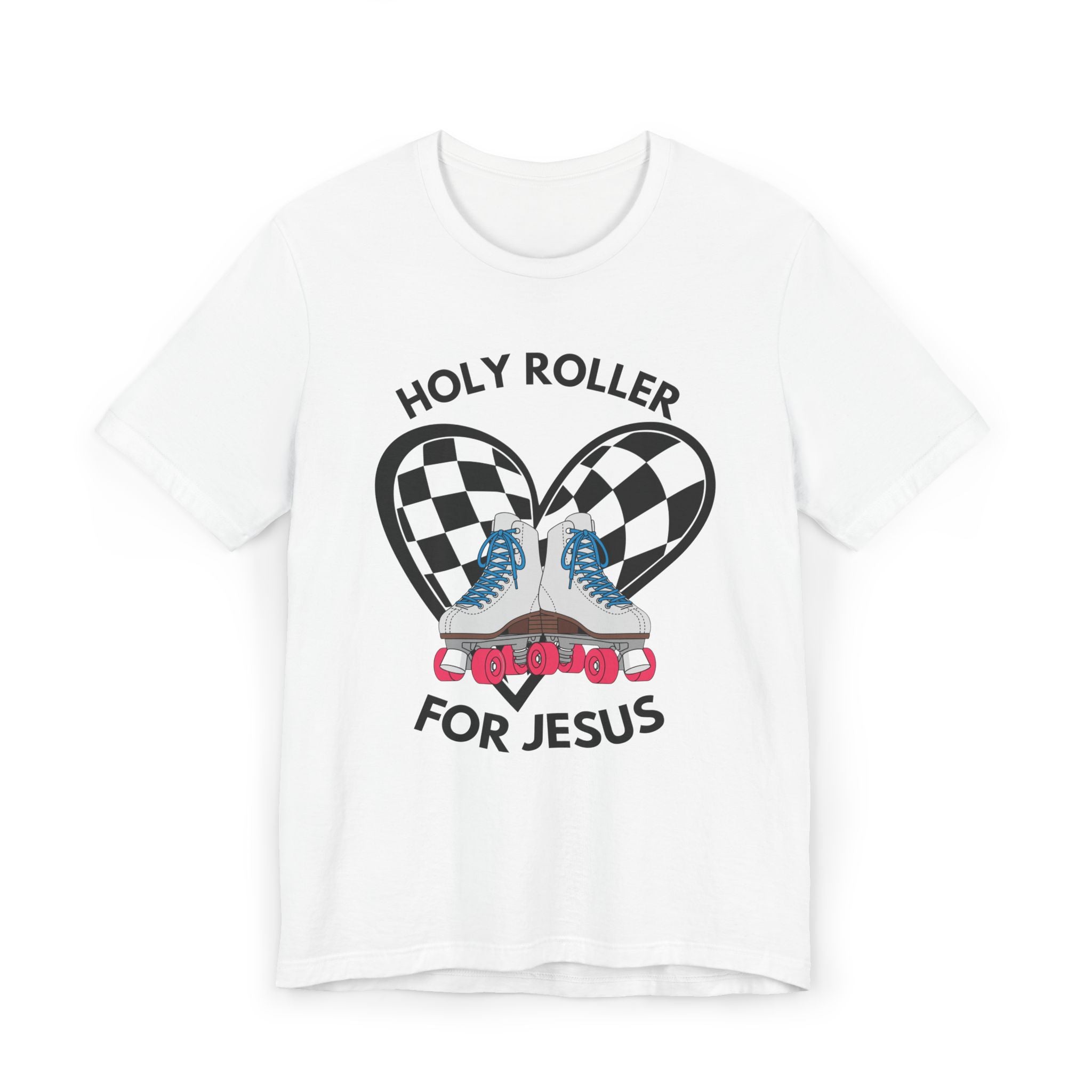 Holy Roller For Jesus T-Shirt — Retro Roller Skates & Checker Heart Christian Tee