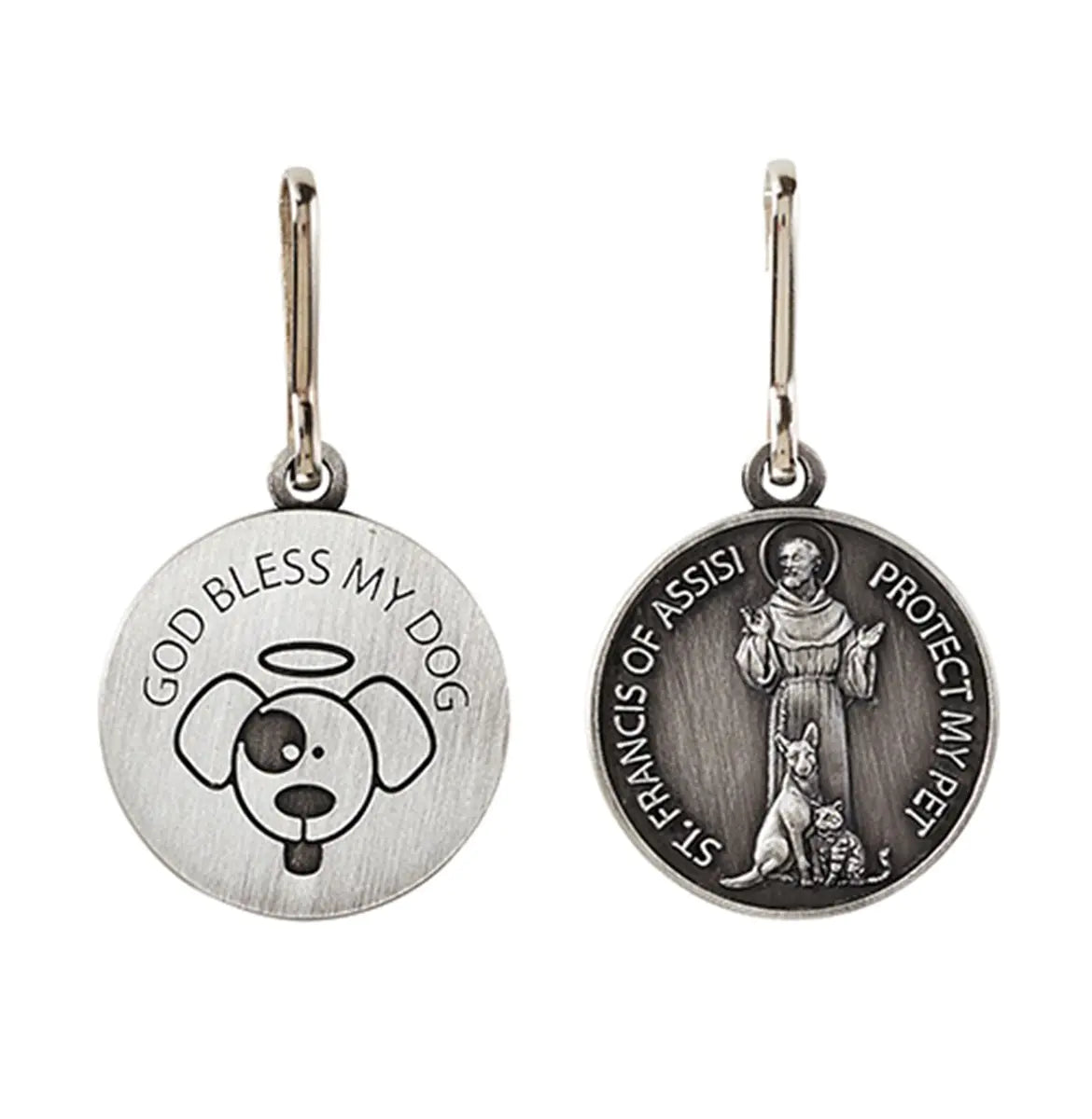 Silver Toned Saint Francis Protect My Pet Medal with God Bless My Dog Back 1 Inch
