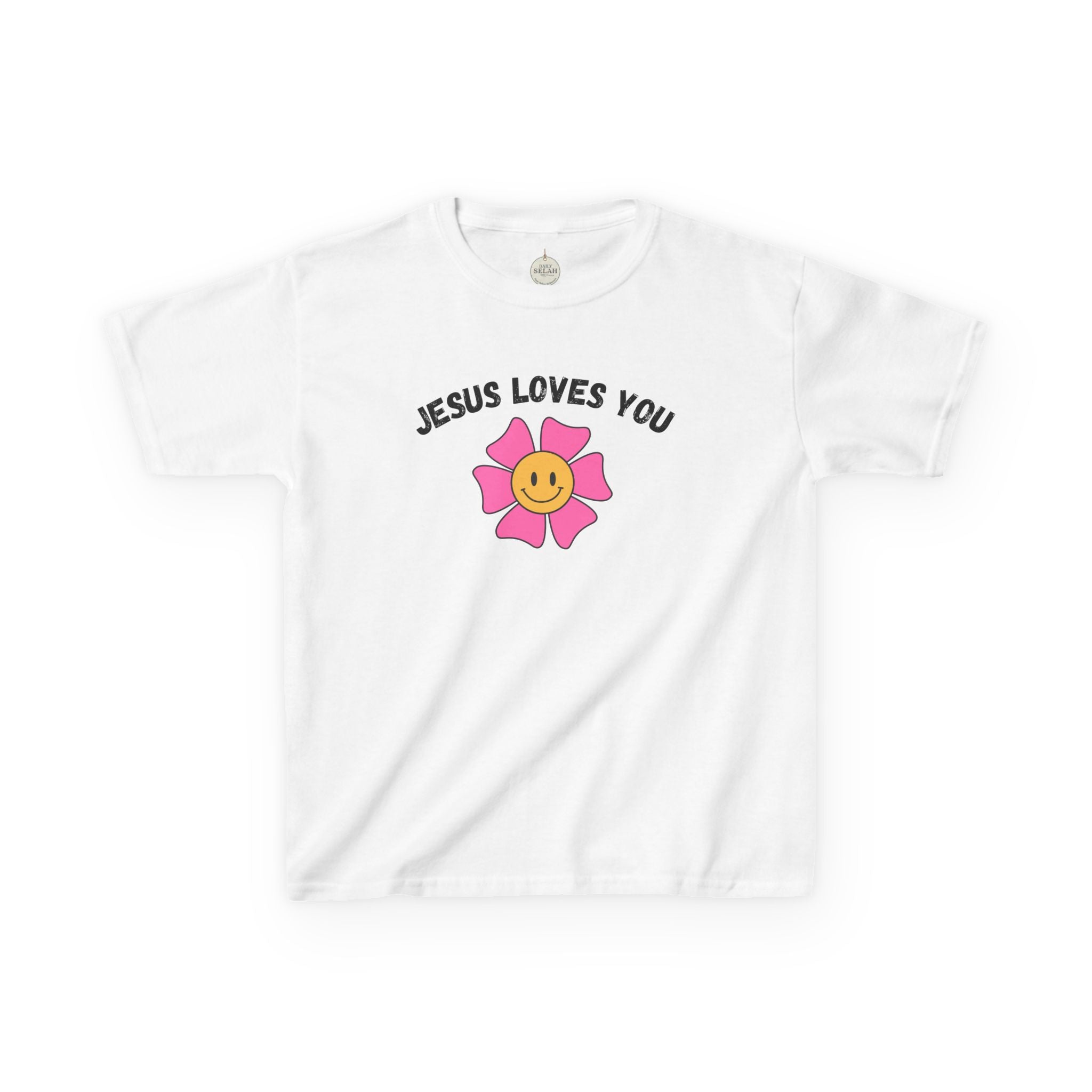 Kids T-Shirt — "Jesus Loves You" Smiley Flower Christian Tee
