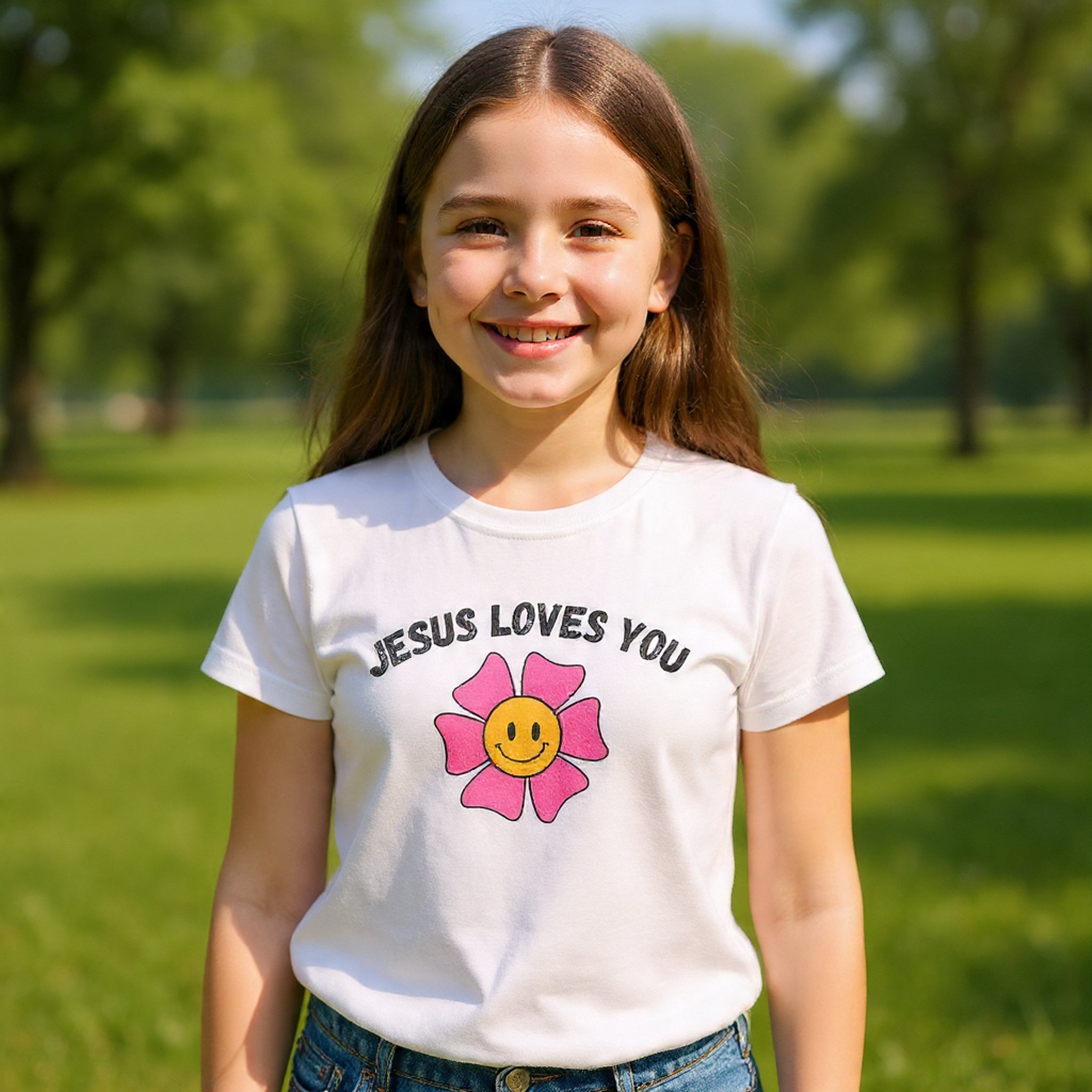 Kids T-Shirt — "Jesus Loves You" Smiley Flower Christian Tee