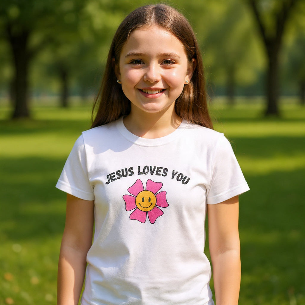 Kids T-Shirt — "Jesus Loves You" Smiley Flower Christian Tee