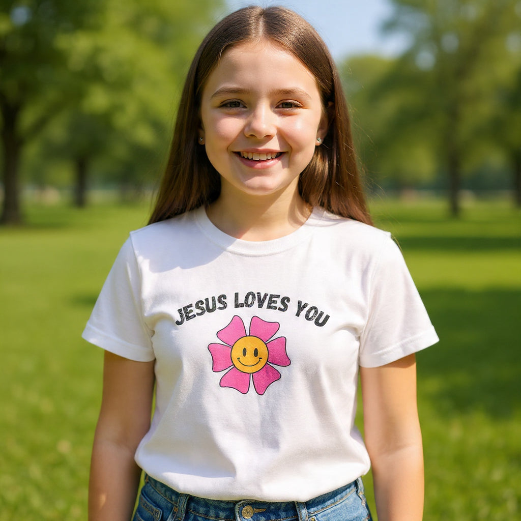 Kids T-Shirt — "Jesus Loves You" Smiley Flower Christian Tee