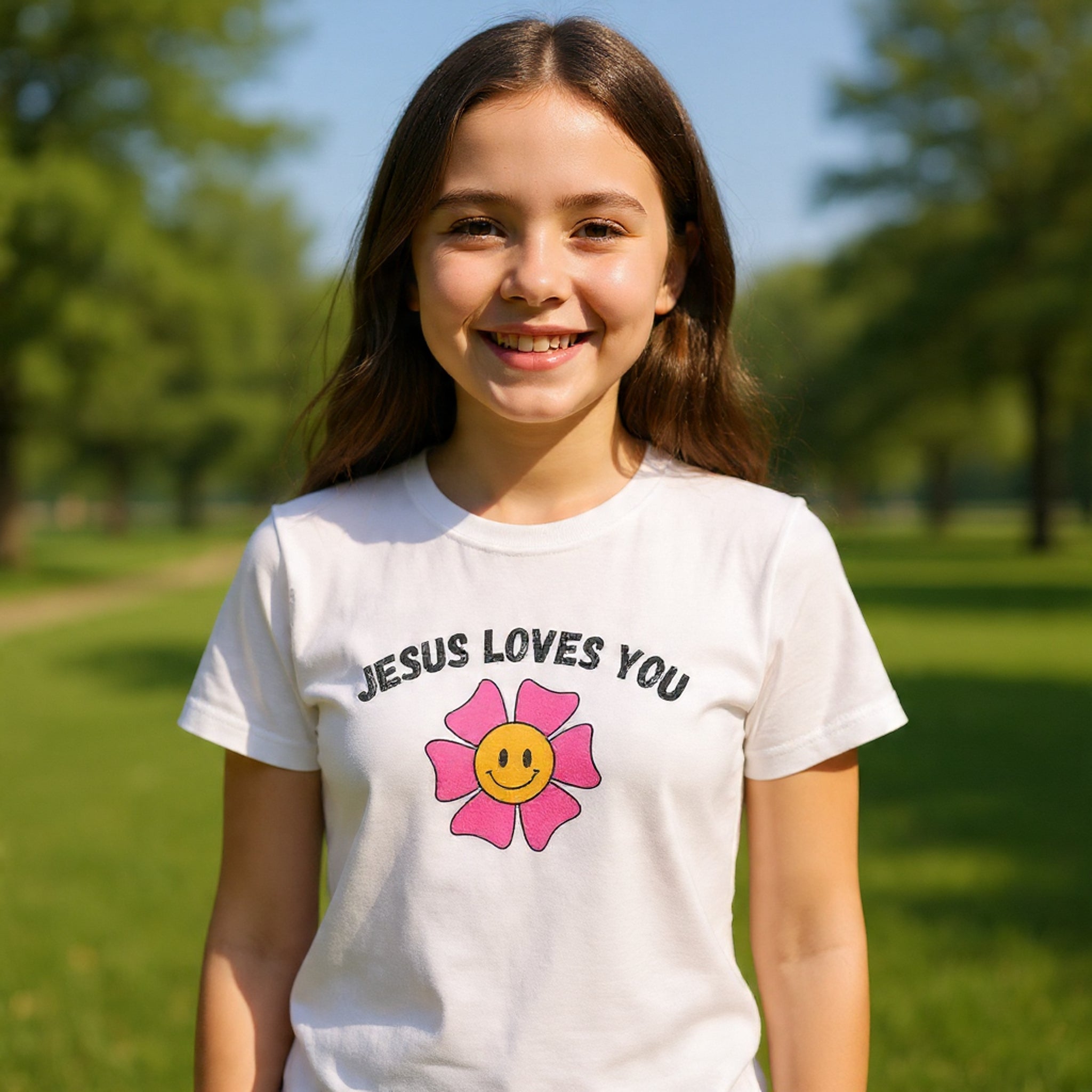 Kids T-Shirt — "Jesus Loves You" Smiley Flower Christian Tee