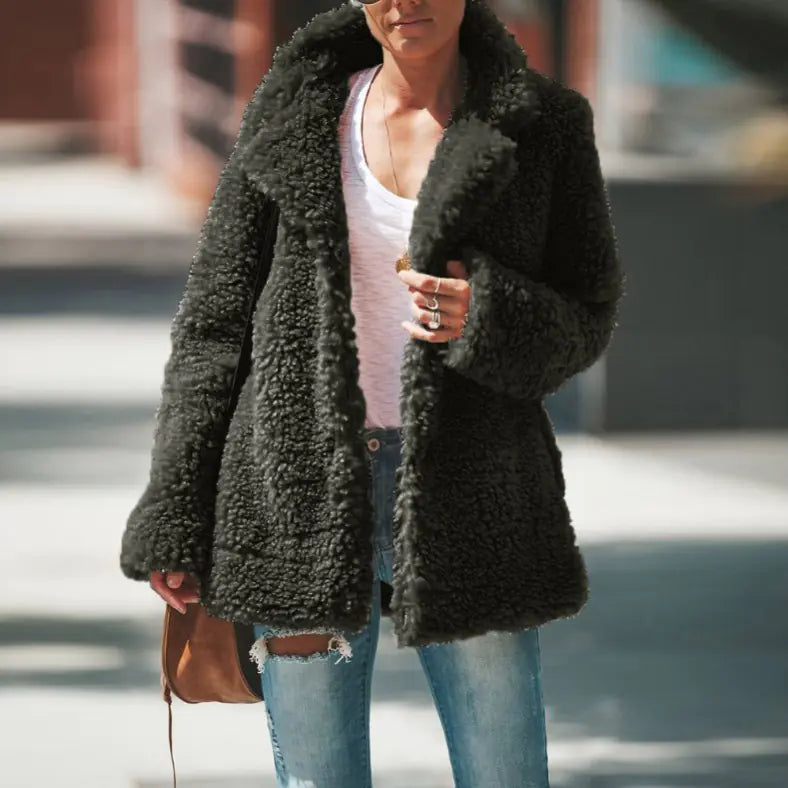 Fuzzy Collar Long Sleeve Cardigan in Solid Color