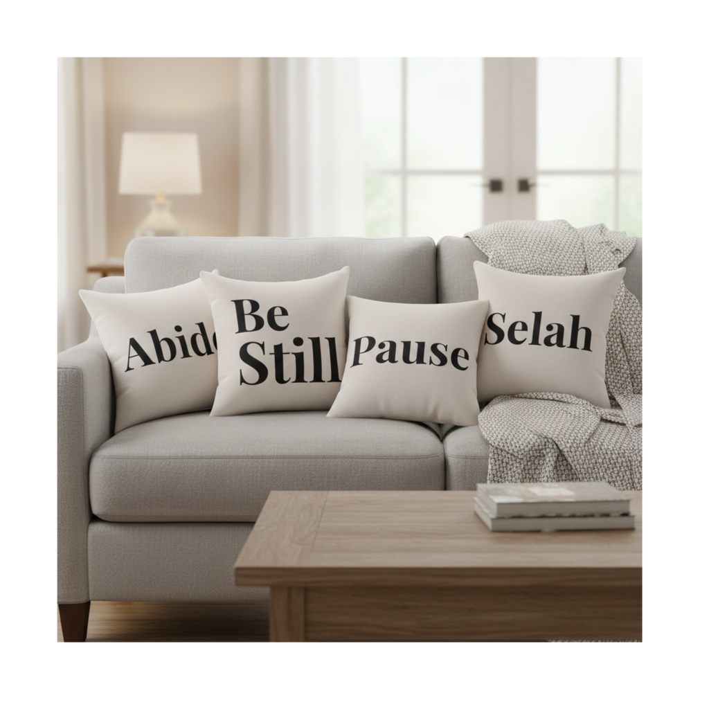 Pause Square Pillow – Minimalist Faith Inspired Neutral Canvas Throw Pillow with 'Pause' Typography