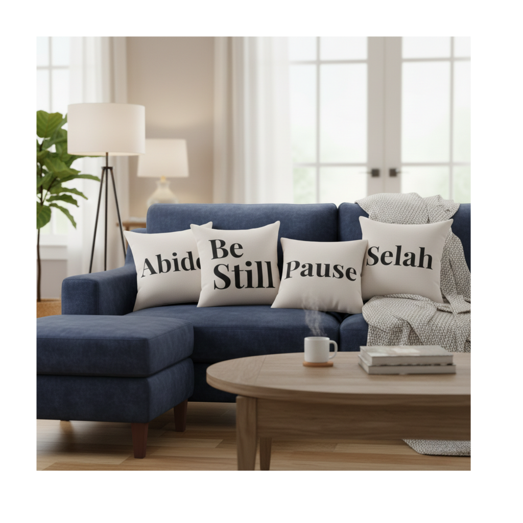 Pause Square Pillow – Minimalist Faith Inspired Neutral Canvas Throw Pillow with 'Pause' Typography