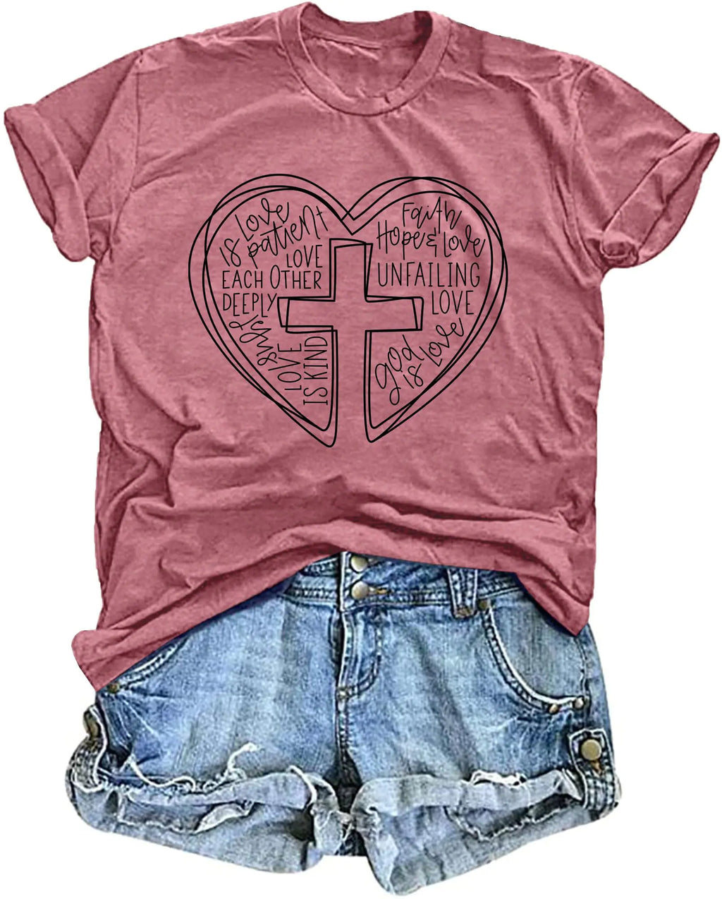 Christian Shirts for Women: Heart Bible Verse T Shirt Religious Cross Graphic Tee Jesus Faith Tops Pink