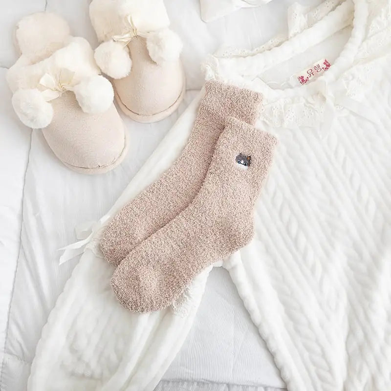 Embroidered Squirrel Half Velvet Thick Warm Socks