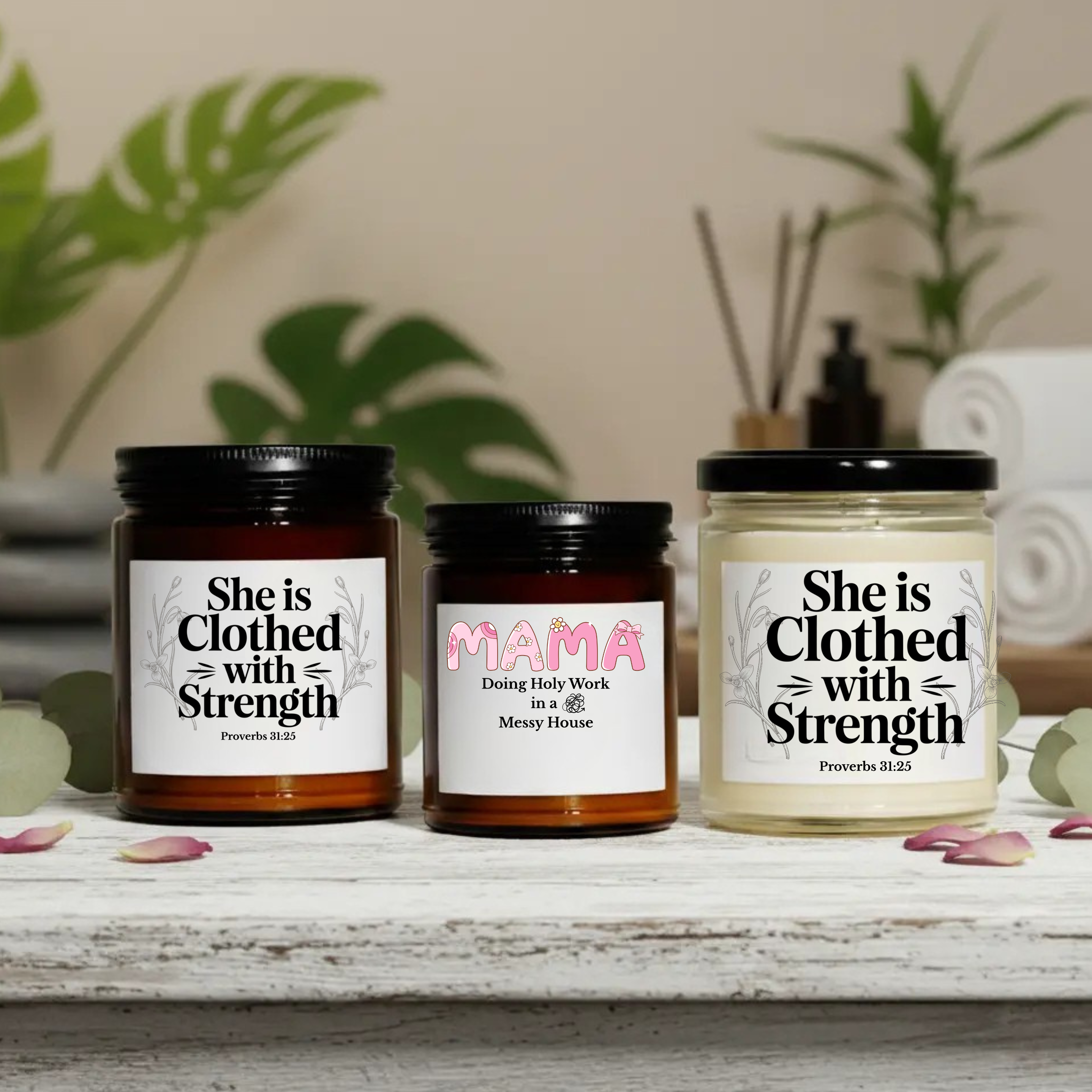 Scripture & Grace Soy Candles — “She Is Clothed With Strength” & “Messy Home, Full Heart” (4oz & 9oz) - Mother's Day Gift