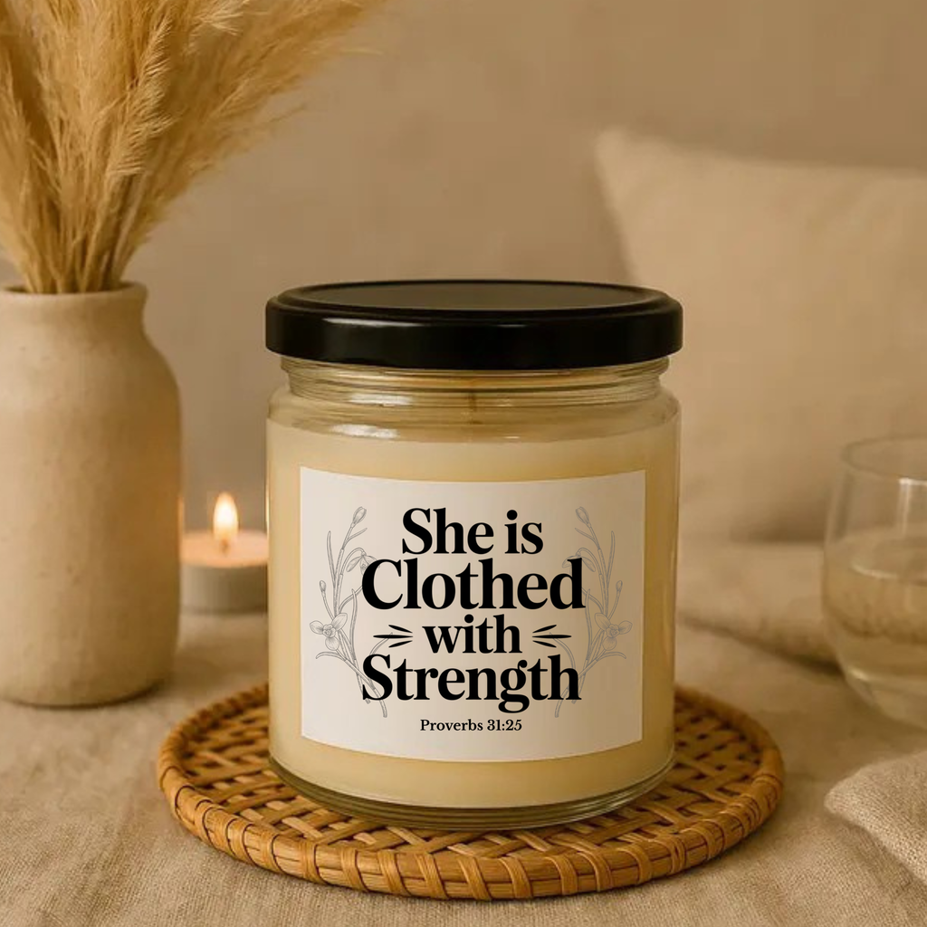 Scripture & Grace Soy Candles — “She Is Clothed With Strength” & “Messy Home, Full Heart” (4oz & 9oz) - Mother's Day Gift