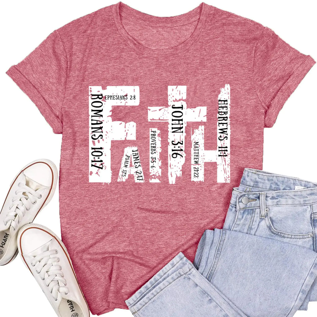 Womens Faith Shirts Christian Cross T-Shirts Bible Verse Blessed Letter Printed Tees Inspirational Tops Pink