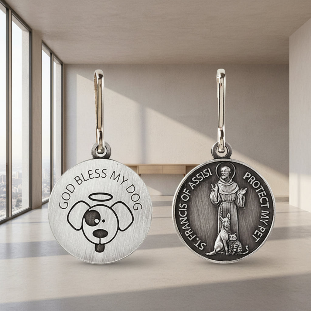 Silver Toned Saint Francis Protect My Pet Medal with God Bless My Dog Back 1 Inch