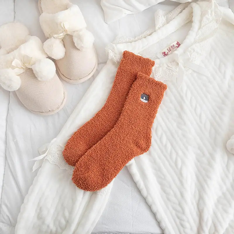 Embroidered Squirrel Half Velvet Thick Warm Socks