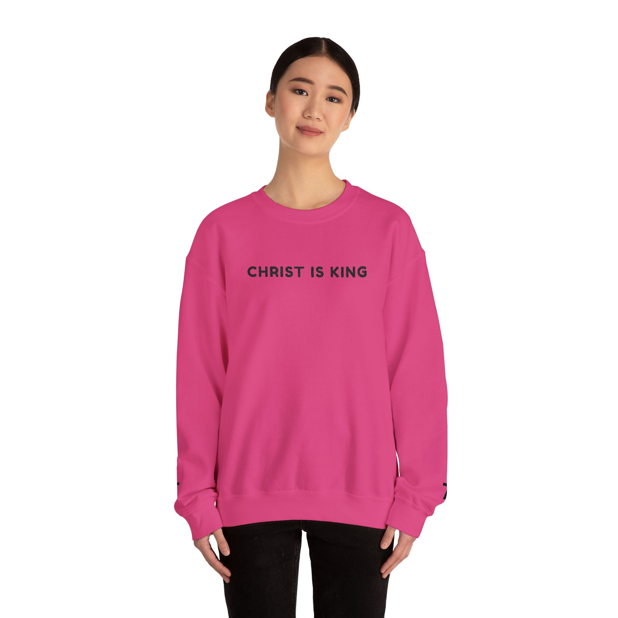 Embroidered text Christian Crewneck Sweatshirt — "Christ Is King" Minimalist Faith PulloverCross on each Wrist
