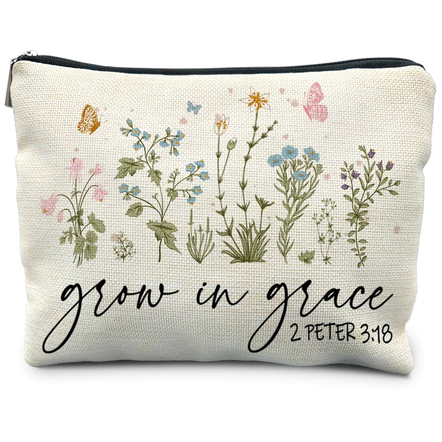 Christian Floral Makeup Bag Pouch Grow in Grace 2 Peter 3:18 Religious Christian Gifts for Women Bible Verse Gifts Bible Verse Cosmetic bag
