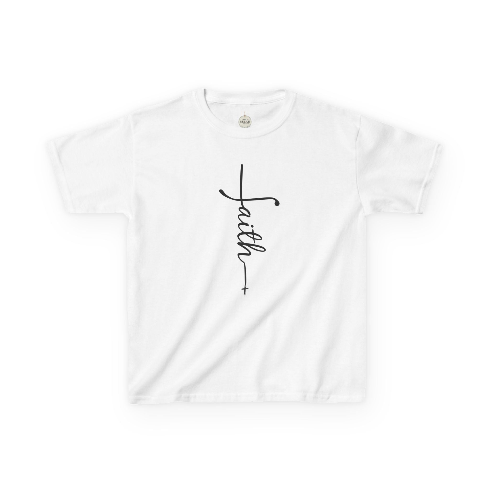 Kids Tee — Vertical "faith" Cross Script Graphic