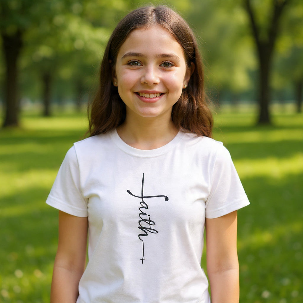 Kids Tee — Vertical "faith" Cross Script Graphic