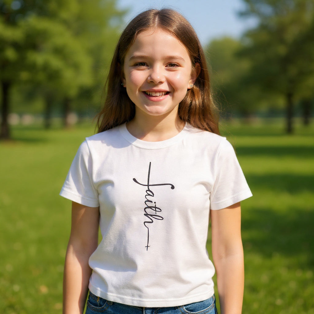 Kids Tee — Vertical "faith" Cross Script Graphic