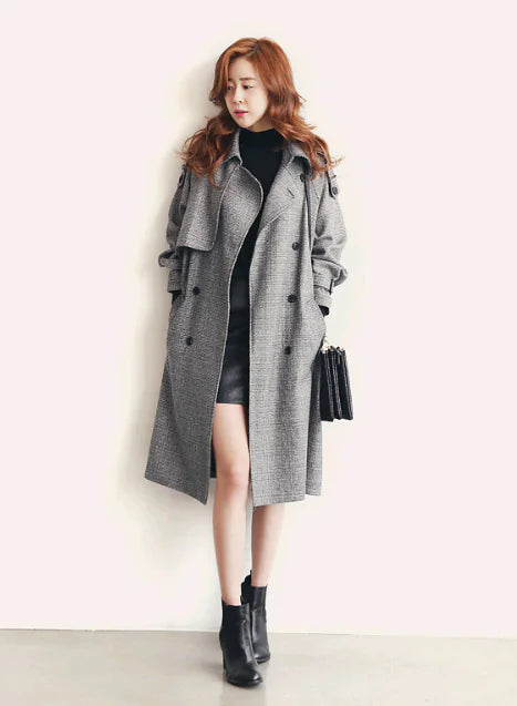 Houndstooth Long Coat for Women - Stylish & Loose Fit