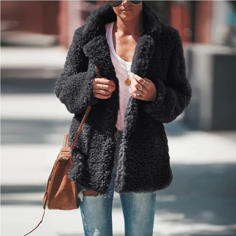 Fuzzy Collar Long Sleeve Cardigan in Solid Color
