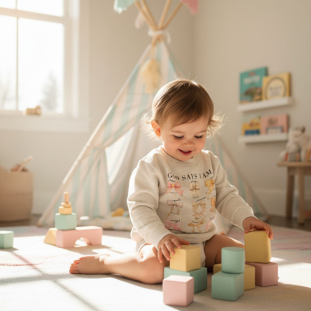 Toddler Sweatshirt — "God Says I Am" Bows Inspirational Kids Pullover