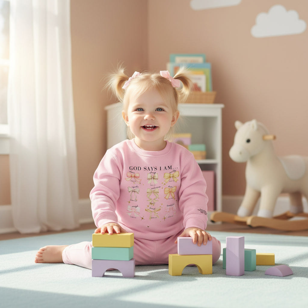 Toddler Sweatshirt — "God Says I Am" Bows Inspirational Kids Pullover