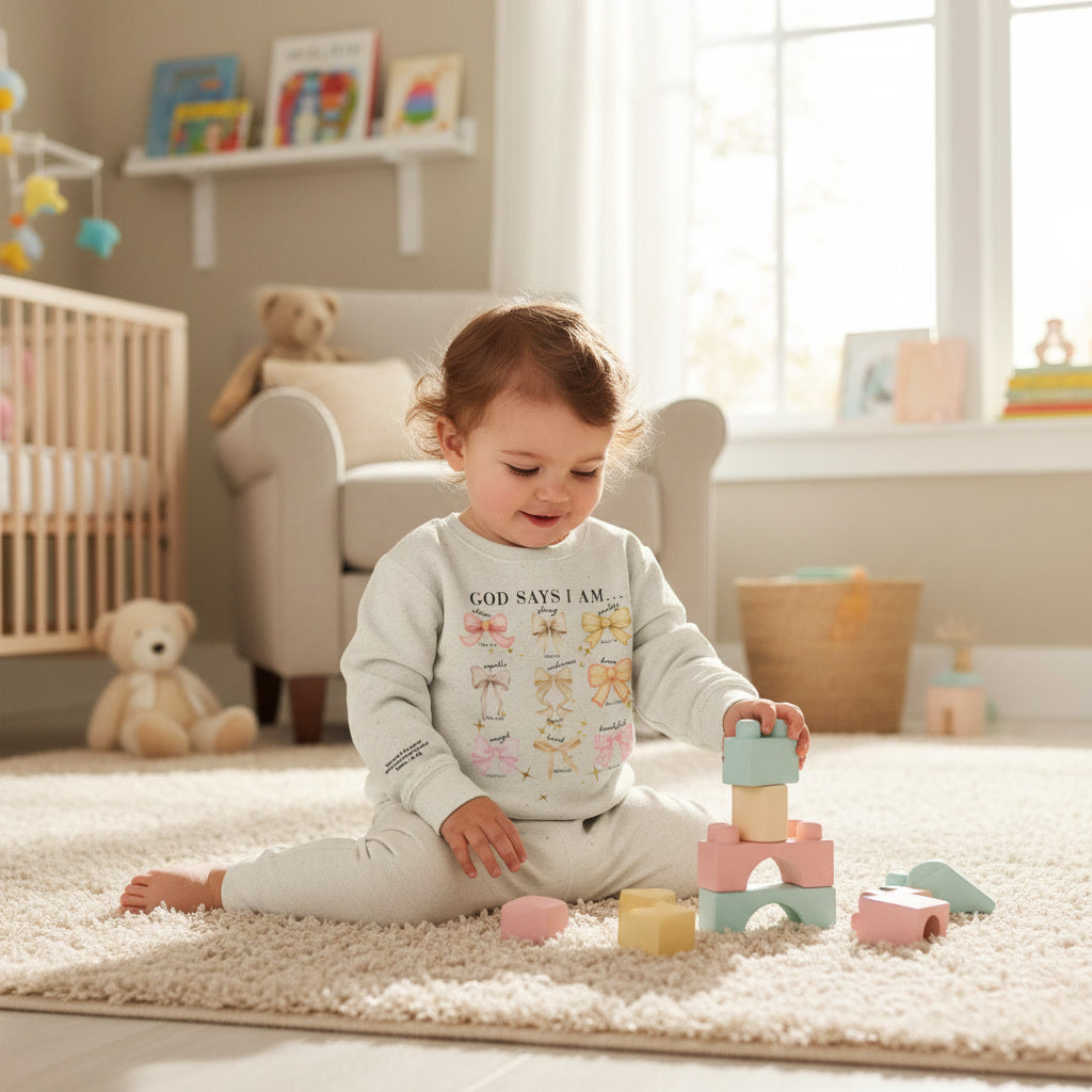 Toddler Sweatshirt — "God Says I Am" Bows Inspirational Kids Pullover