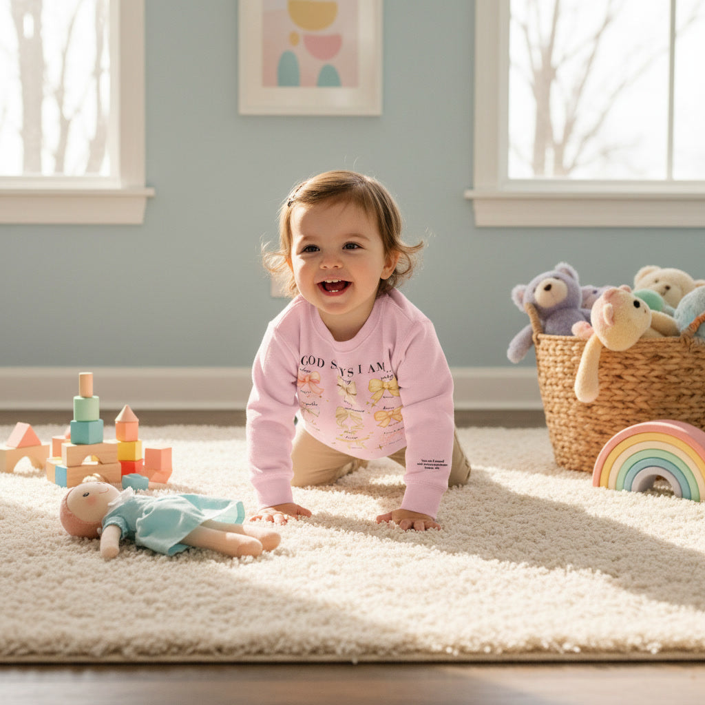 Toddler Sweatshirt — "God Says I Am" Bows Inspirational Kids Pullover