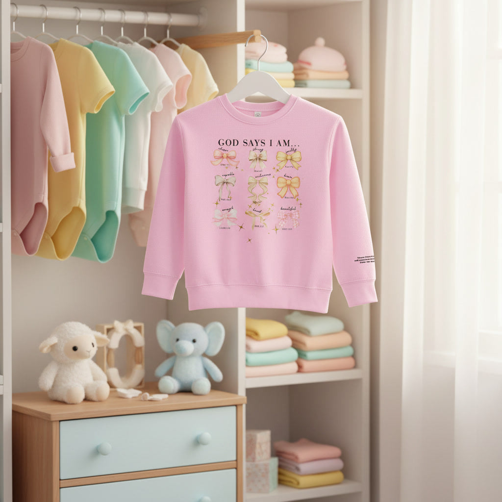 Toddler Sweatshirt — "God Says I Am" Bows Inspirational Kids Pullover