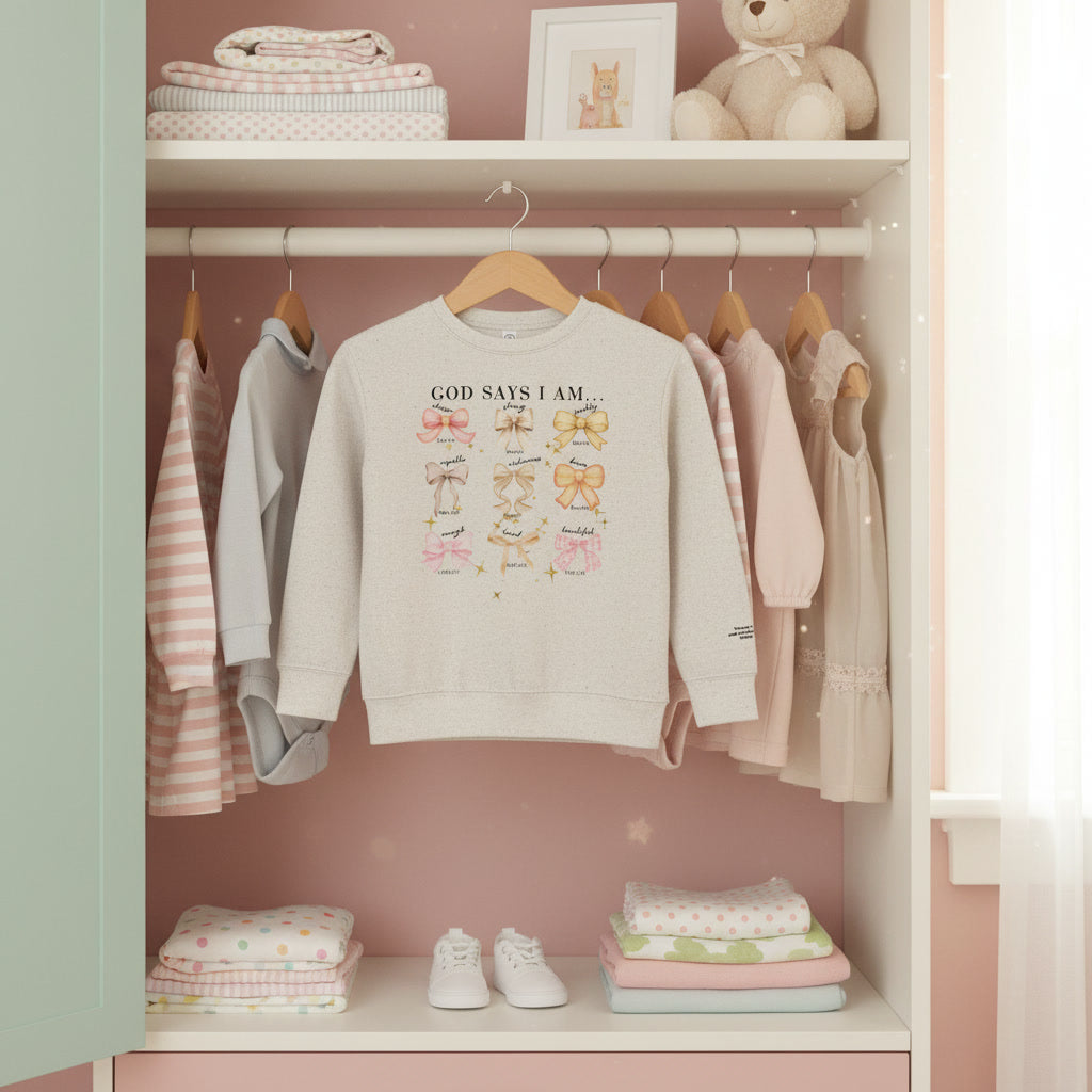 Toddler Sweatshirt — "God Says I Am" Bows Inspirational Kids Pullover