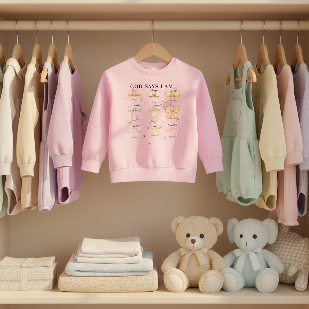 Toddler Sweatshirt — "God Says I Am" Bows Inspirational Kids Pullover
