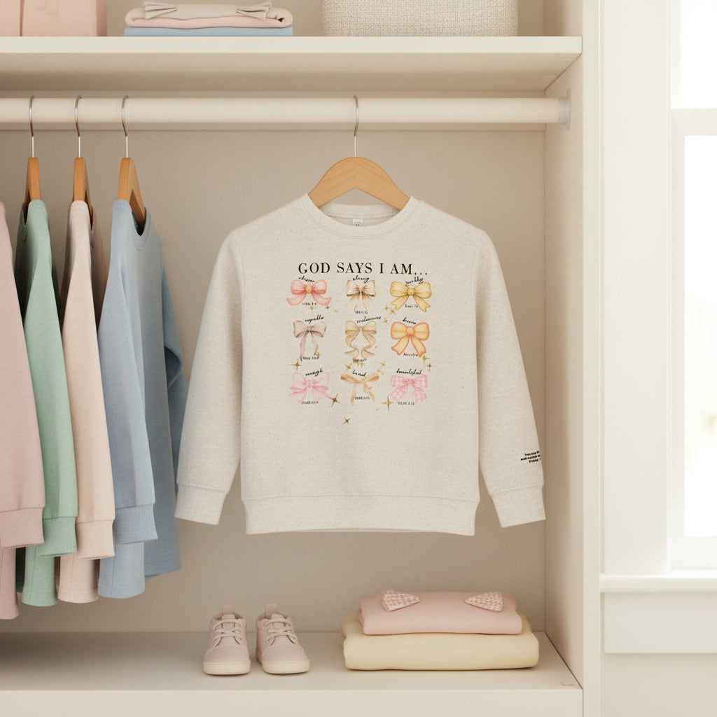 Toddler Sweatshirt — "God Says I Am" Bows Inspirational Kids Pullover