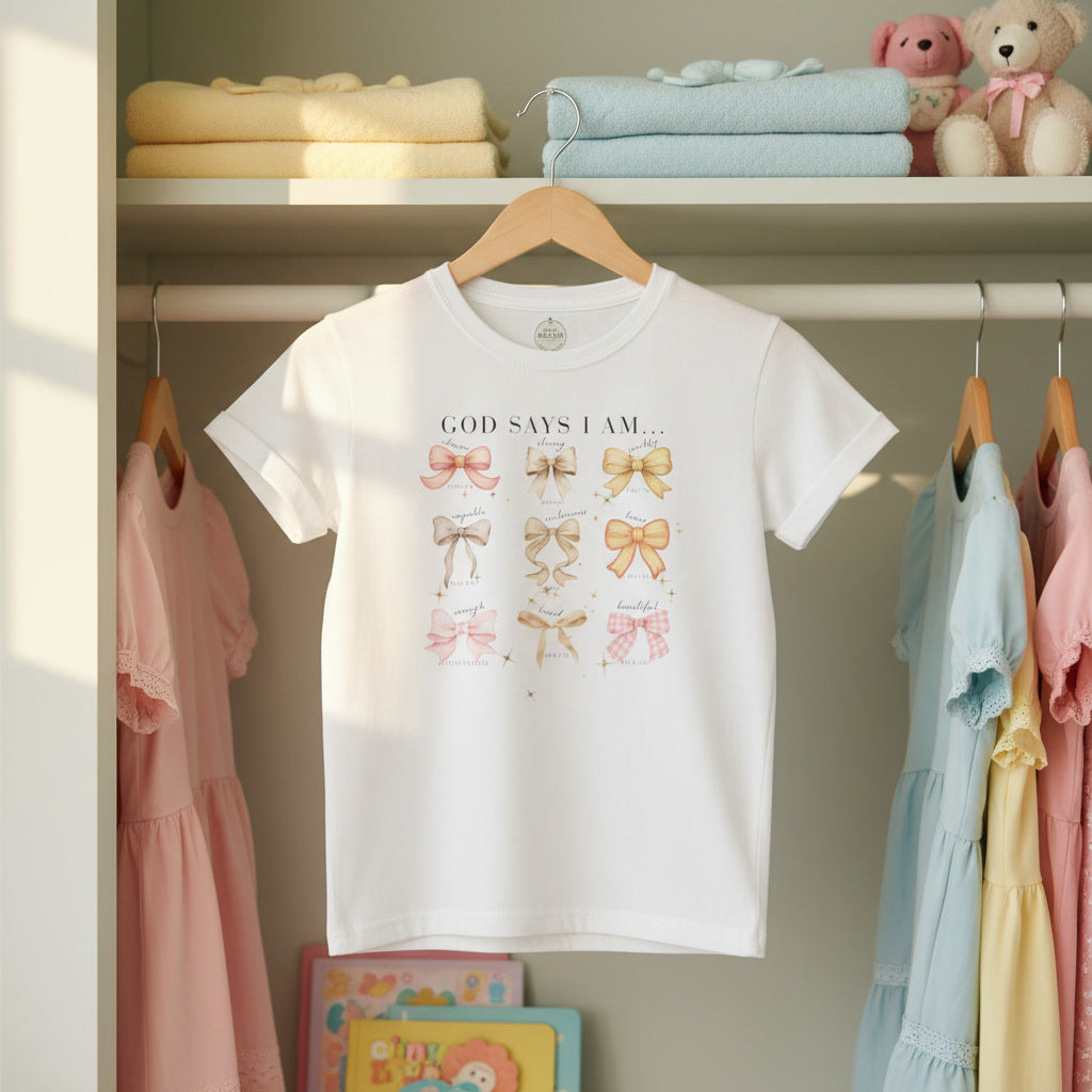 Kids Tee — 'God Says I Am' Pastel Bow Graphic