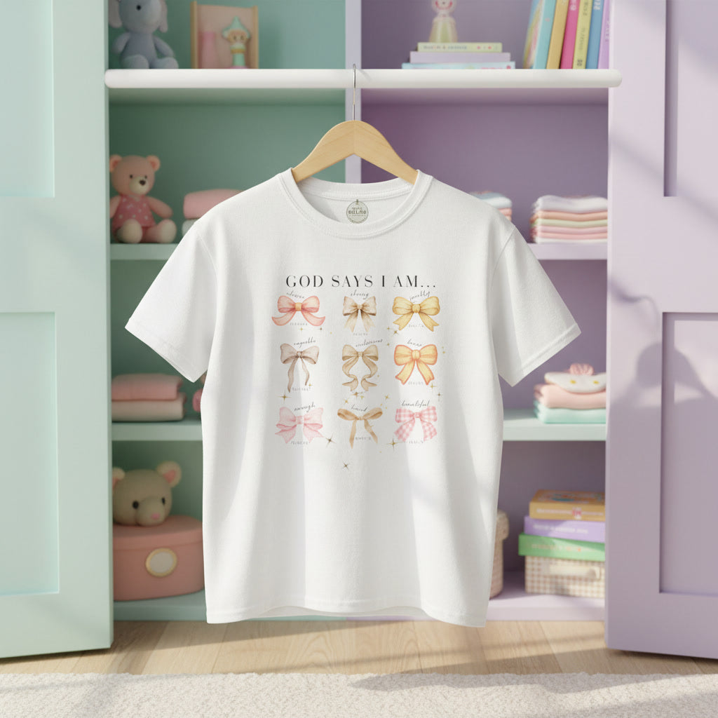 Kids Tee — 'God Says I Am' Pastel Bow Graphic