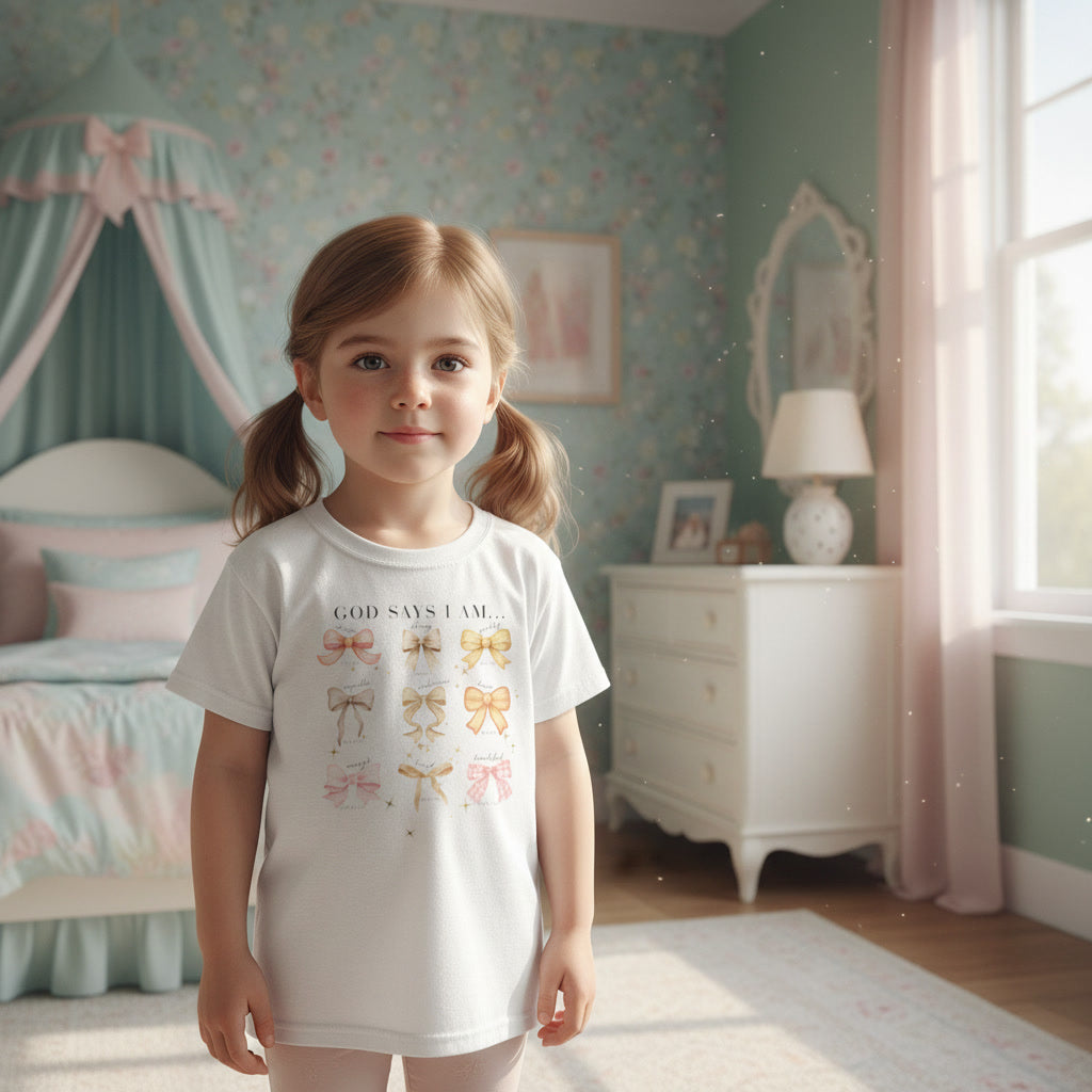 Kids Tee — 'God Says I Am' Pastel Bow Graphic