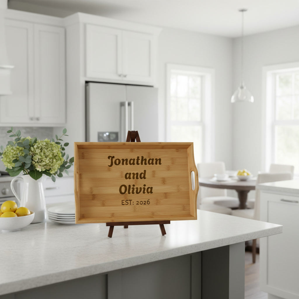 Personalized and Engraved Bamboo Serving Tray — Breakfast, Wedding & Housewarming Gift