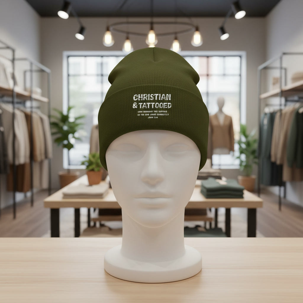 Embroidered 'Christian & Tattooed' Cuffed Beanie  Knit Winter Hat