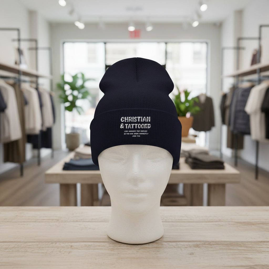 Embroidered 'Christian & Tattooed' Cuffed Beanie  Knit Winter Hat