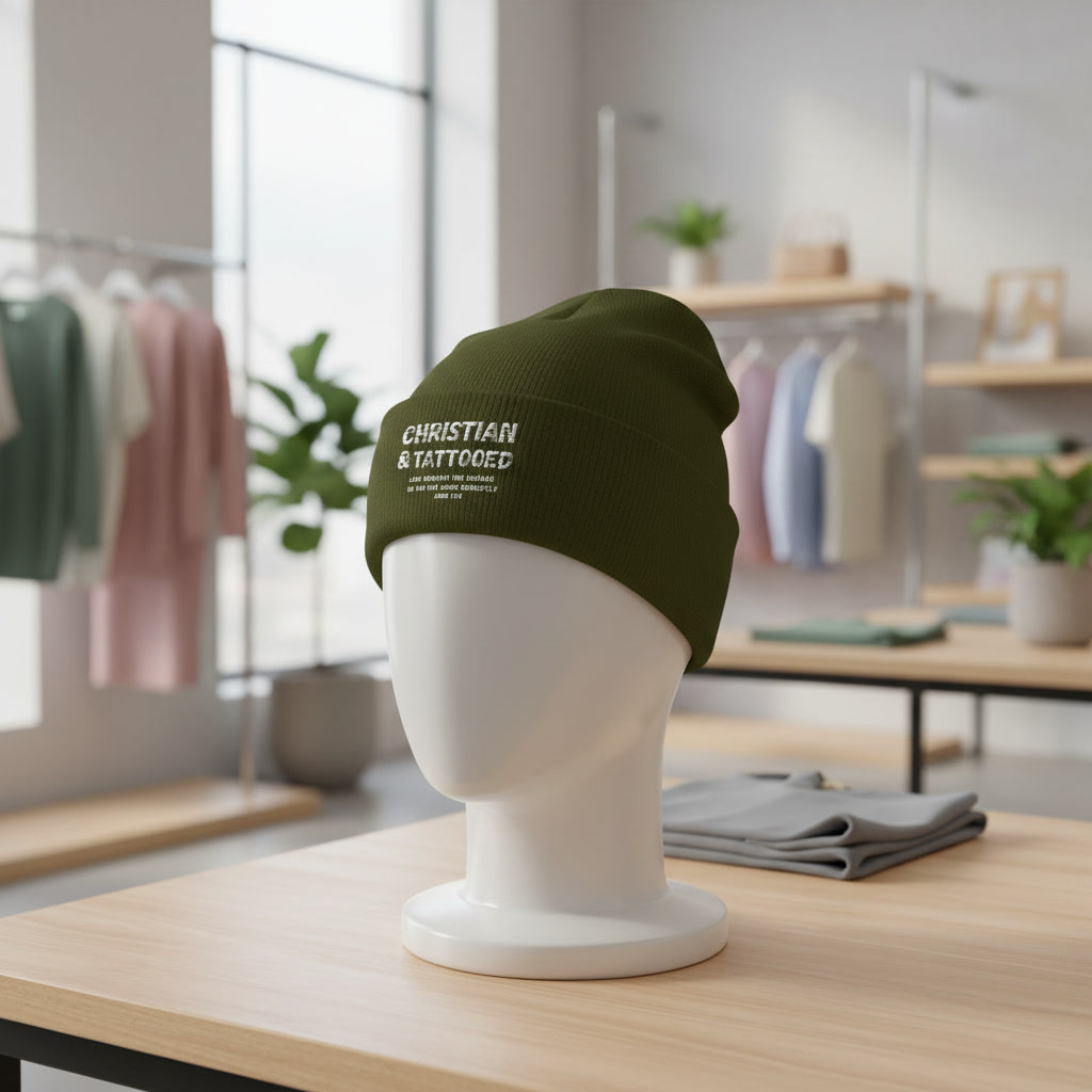 Embroidered 'Christian & Tattooed' Cuffed Beanie  Knit Winter Hat