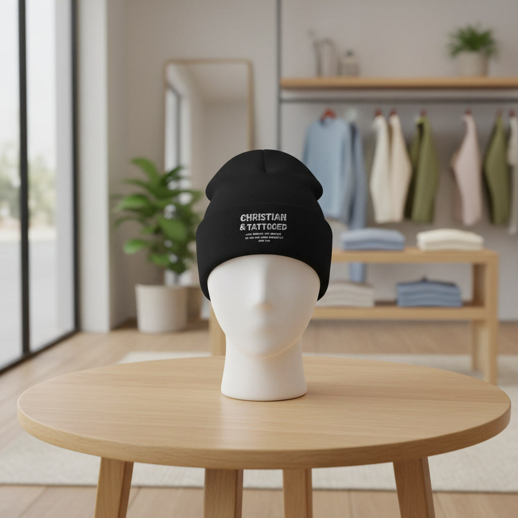 Embroidered 'Christian & Tattooed' Cuffed Beanie  Knit Winter Hat