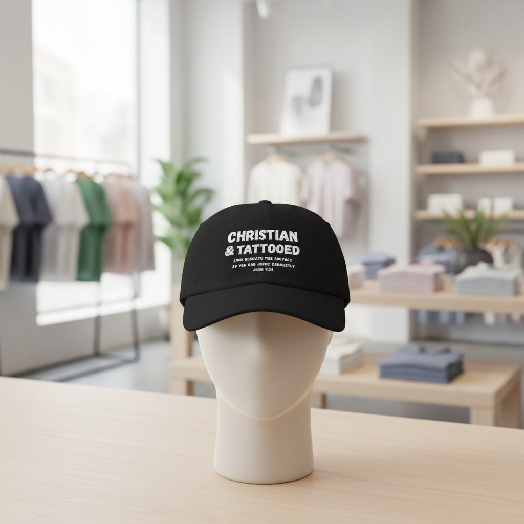 Embroidered Dad Cap — "Christian & Tattooed" Baseball Hat with John 1:8 Scripture